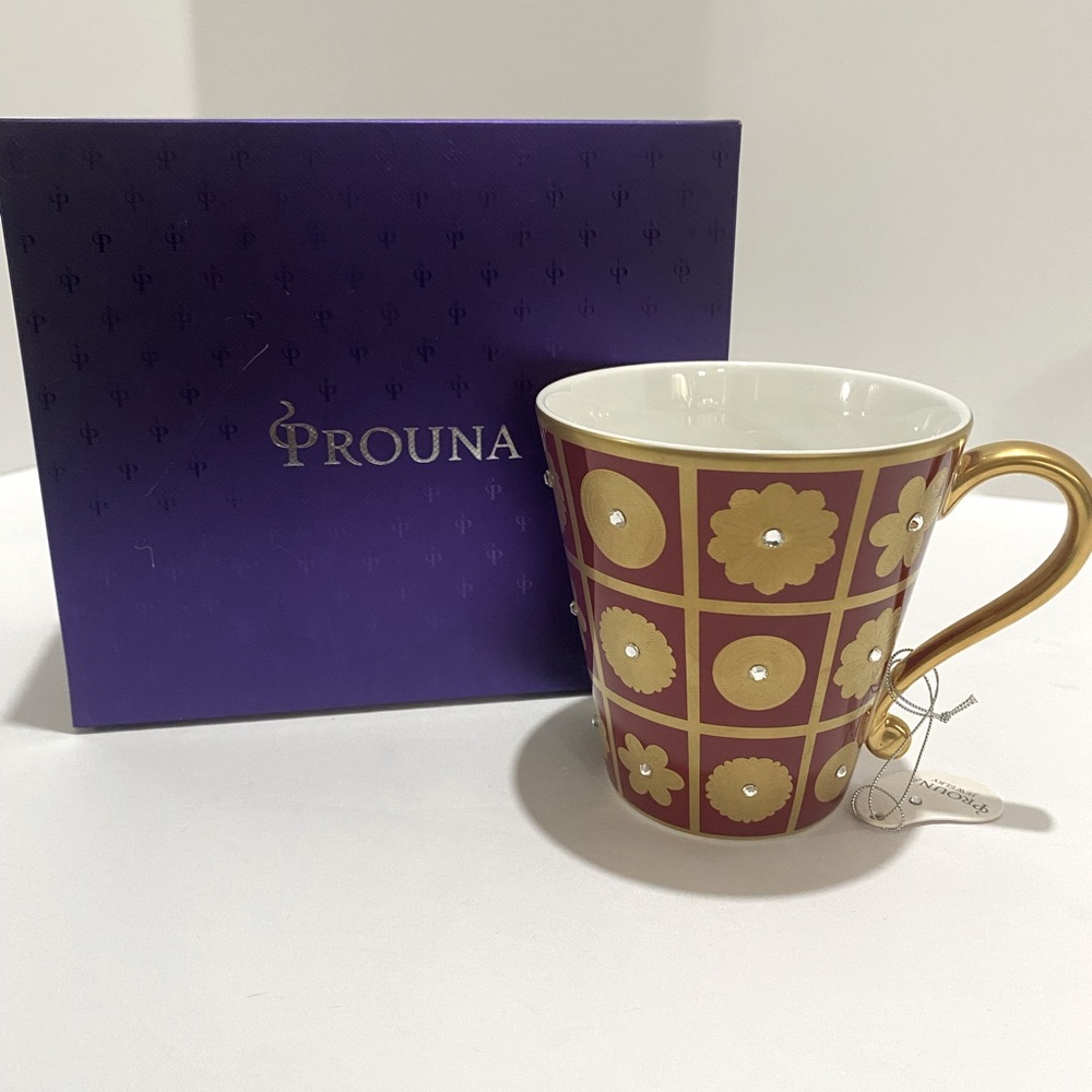 Prouna "Rich Red " 7502 Mug Swarovski Elements 24K Gold Plated Accents Luxury